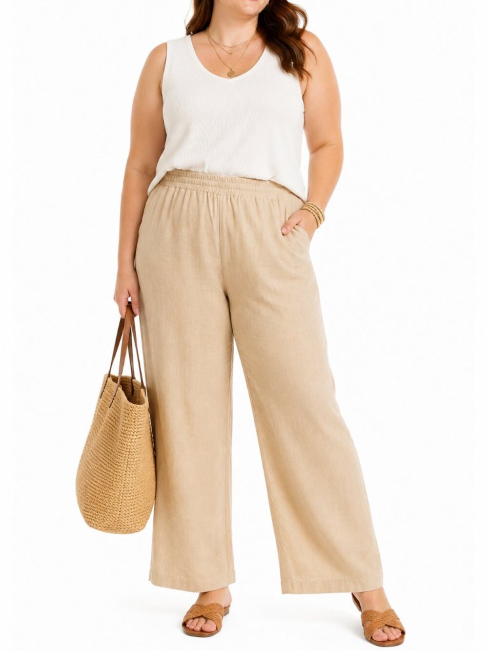ON 34th Linen Blend Wide Leg Pull On Pants Tan Beige 2X Plus Size Pockets
